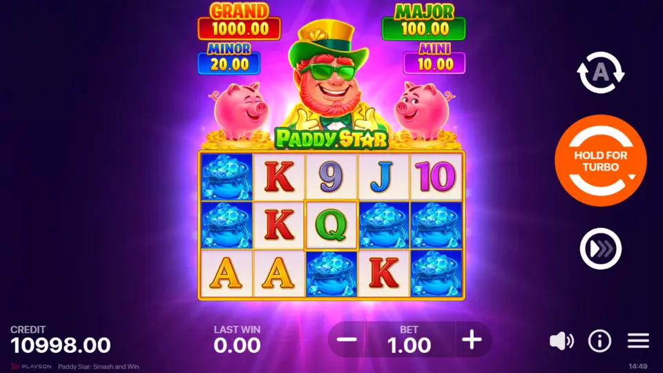 Gold Horseshoe, Green Hat, Blue Pot, and Purple Clover symbols from Paddy Star: Smash and Win