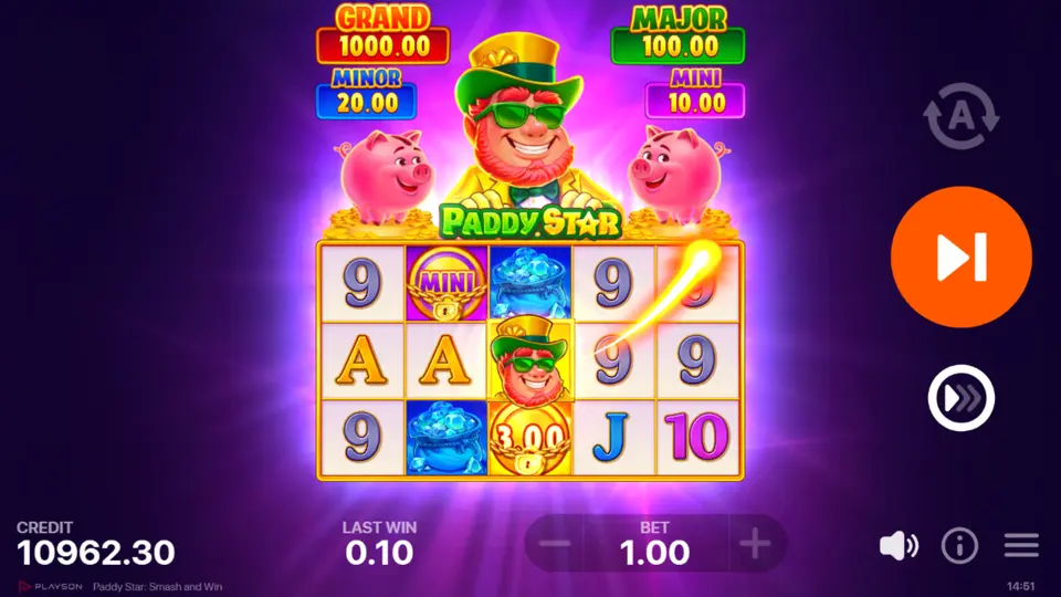 Both Piggy Banks filling with coins while the Wild sits on reel 3 in Paddy Star