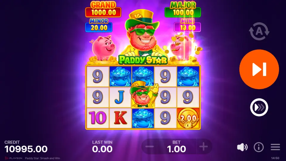Wild on the center reel highlighting Bonus and Jackpot symbols during the Smash and Win feature